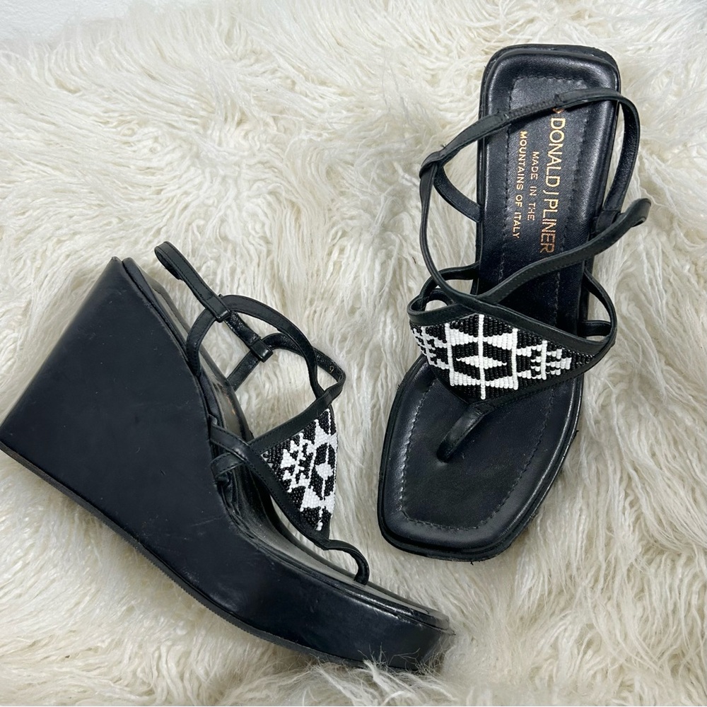 Donald J. Pliner Y2K Black Beaded Wedge Sandals Size 9M